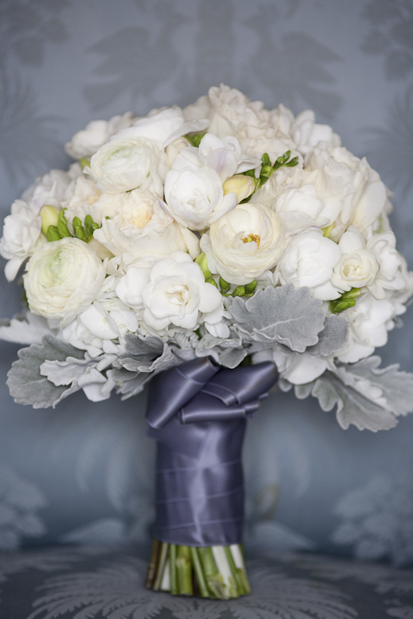 bridal bouquet on blue silk chair- wedding photo by top Canadian wedding photographer Rebecca Wood